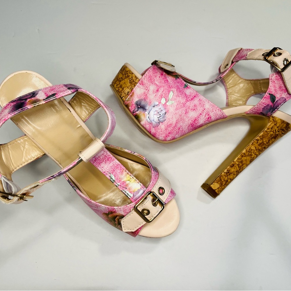 Beautiful Pink Floral High Ankle Strap Classic Heels Size 8